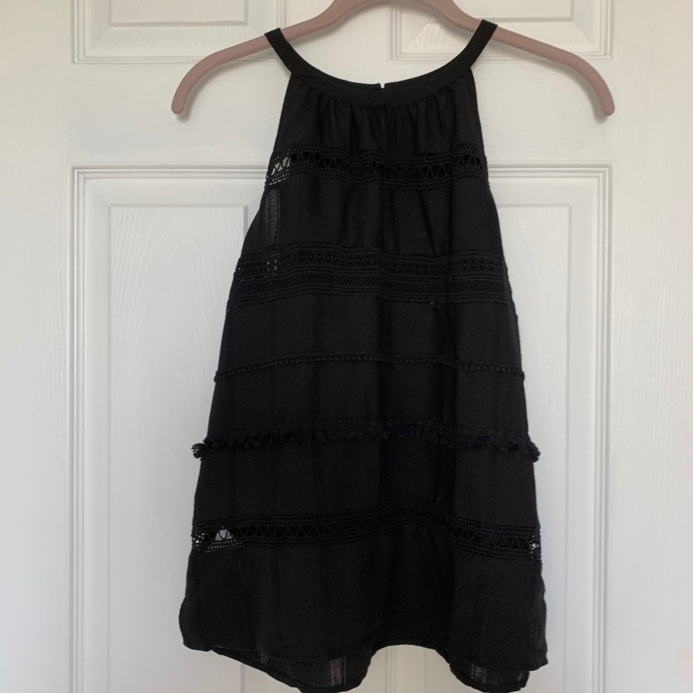 Loft black tank with sheer/pom/tassel accents EUC
